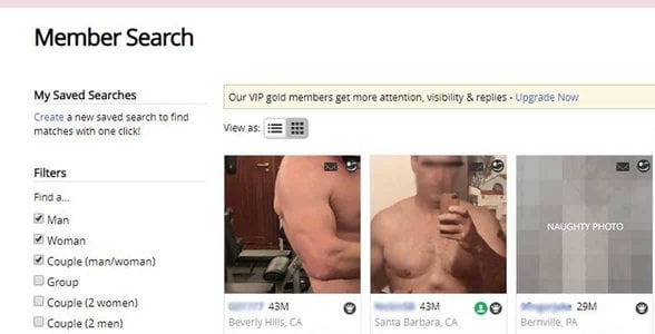 Snímek obrazovky vyhledávací stránky Adult Friend Finder